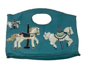 Vtg Turquoise Leather Beaded Sequin Carousel Horses Whipstitched Handbag Purse